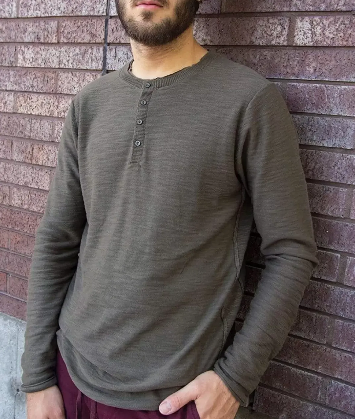 Nayked Apparel Shirts>Men'S Slub Knit Raw-Edge Henley/Discontinued Burnt Olive
