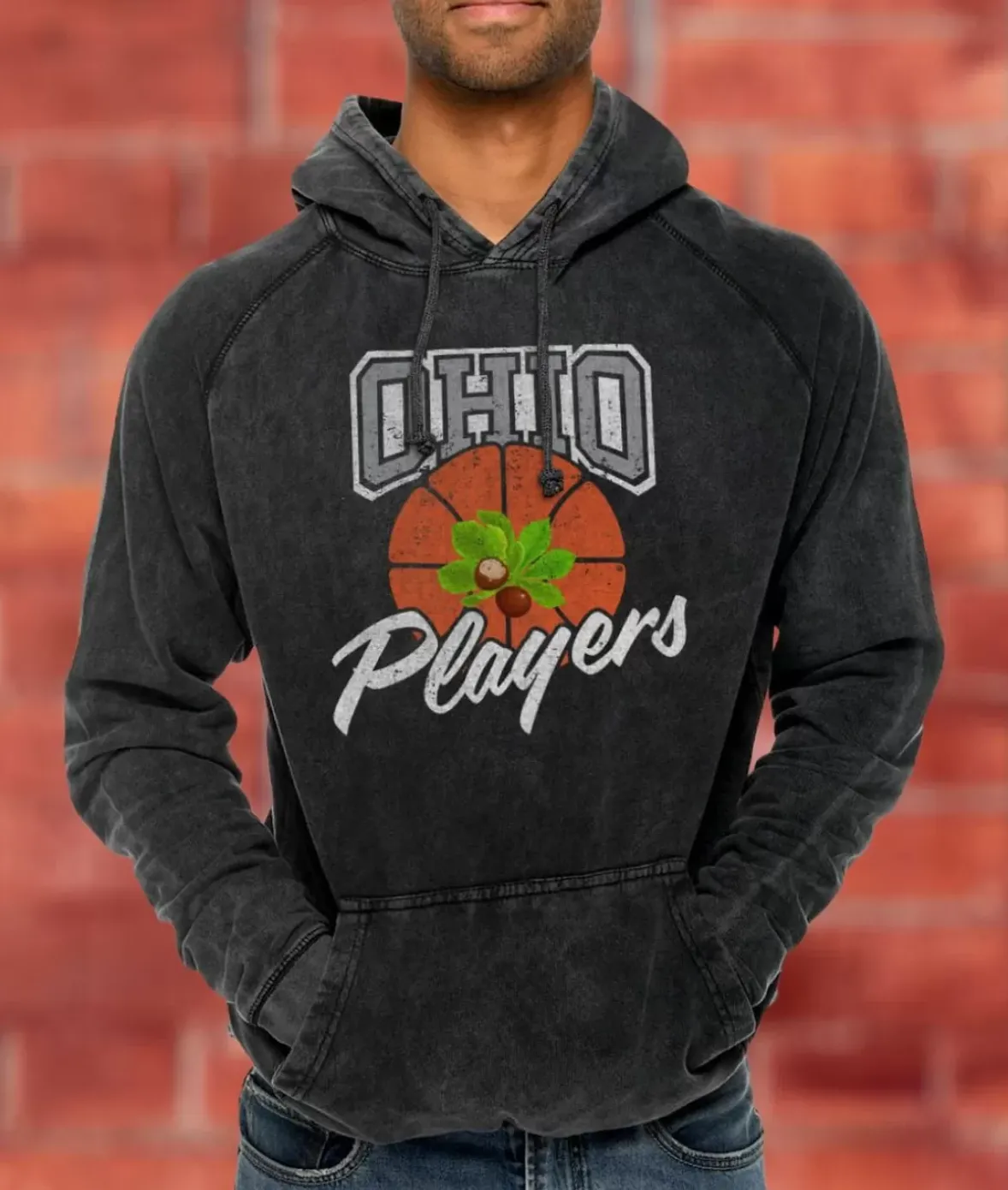 Nayked Apparel Hoodies & Sweatshirts>Men'S Vintage Raglan Graphic Hoodie | Ohio Players (Buckeye Leaf) Vintage Black
