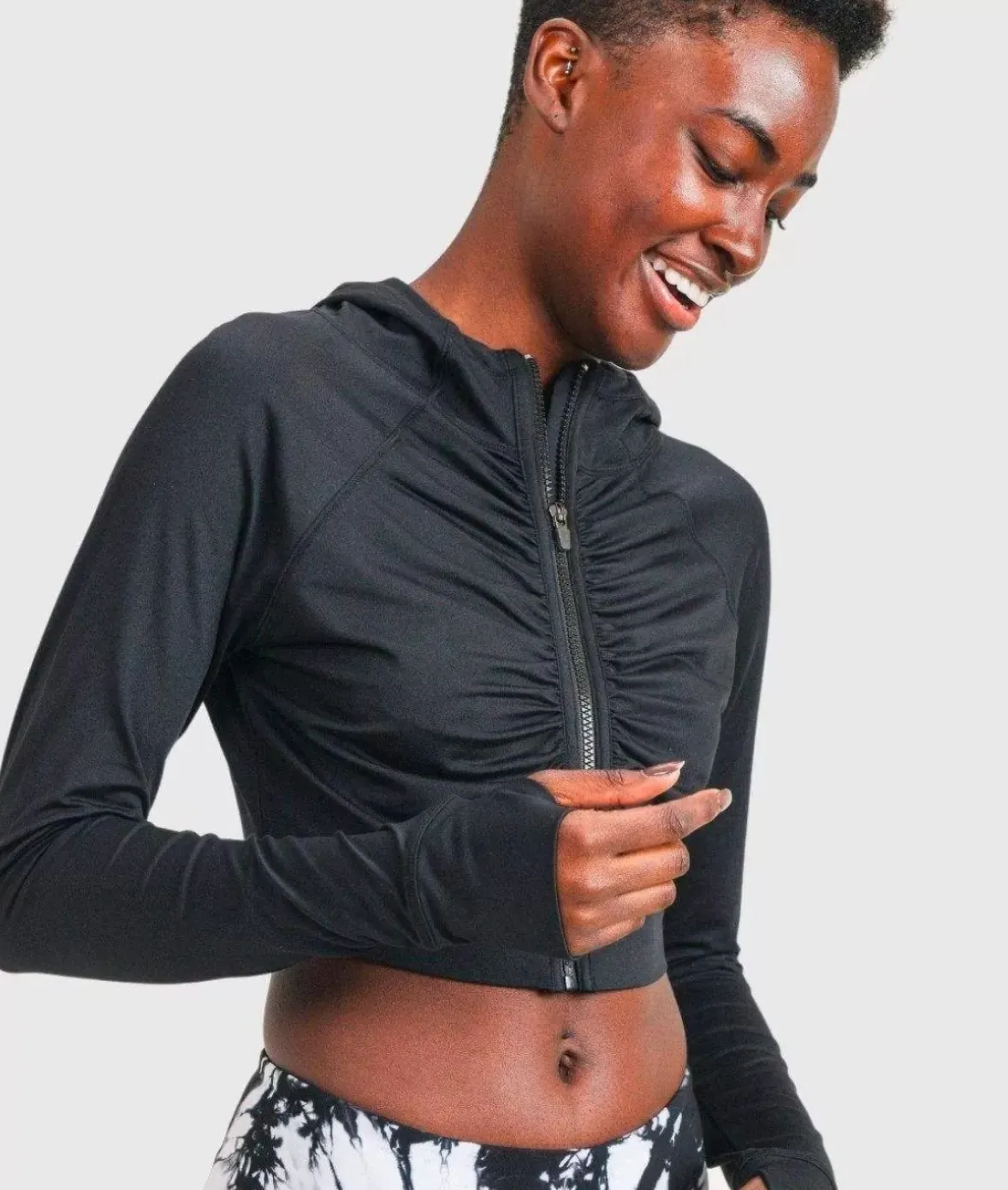 Nayked Apparel Outerwear>Ruched Front Cropped Hoodie Jacket/Discontinued Black