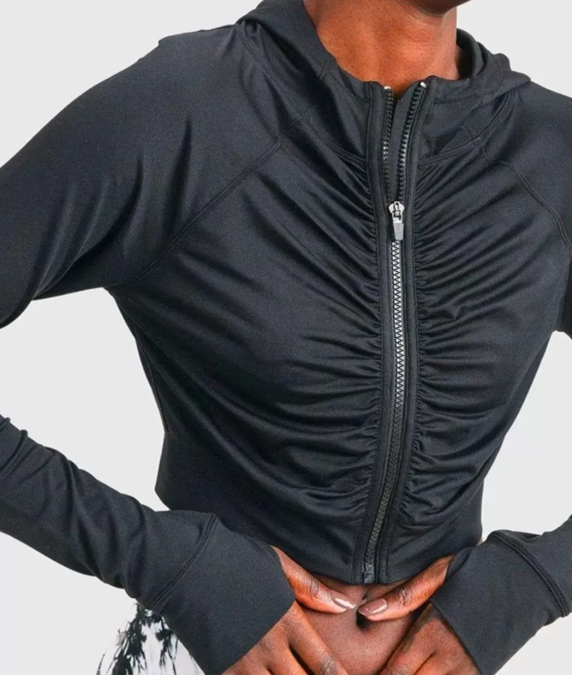 Nayked Apparel Outerwear>Ruched Front Cropped Hoodie Jacket/Discontinued Black