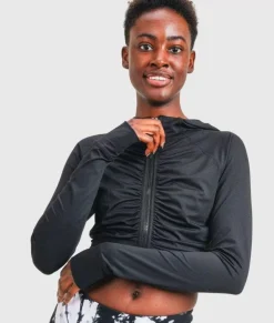 Nayked Apparel Tops>Ruched Front Cropped Hoodie Jacket/Discontinued Black
