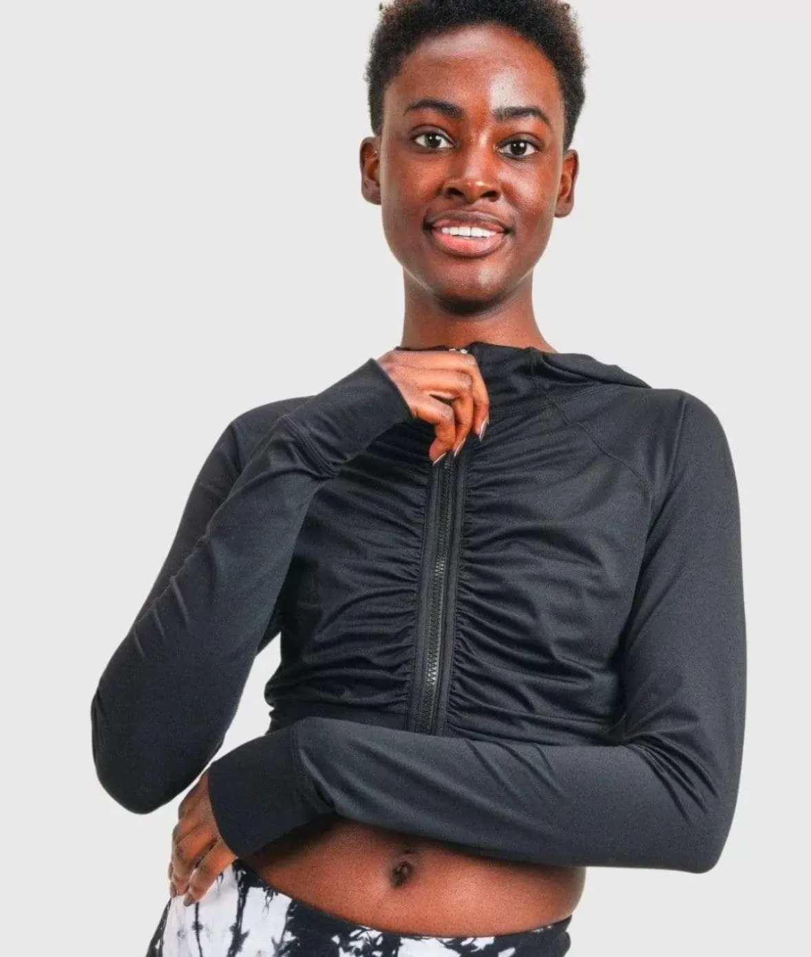 Nayked Apparel Athleisure>Ruched Front Cropped Hoodie Jacket/Discontinued Black