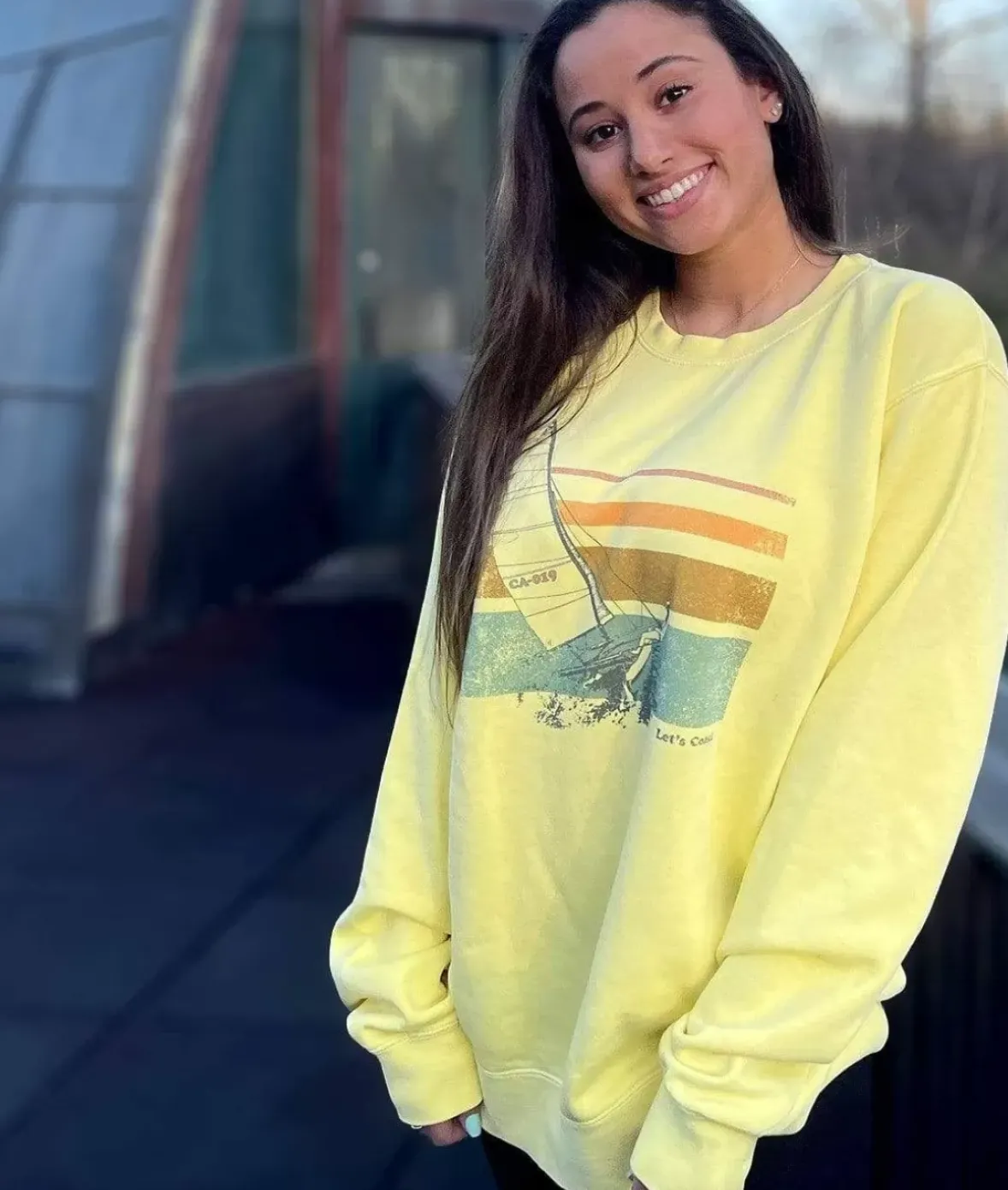 Nayked Apparel Hoodies & Sweatshirts>Women'S Ridiculously Soft Oversized Pigment-Dyed Graphic Sweatshirt | Sailboat Pigment Yellow