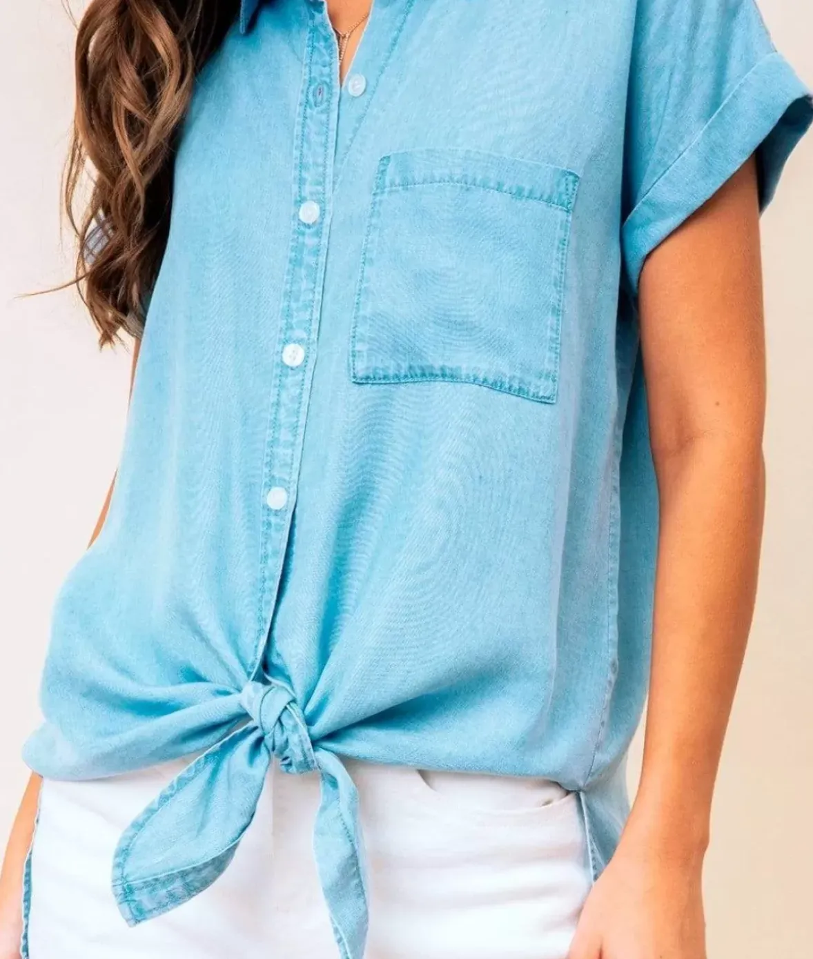 Nayked Apparel Tops>Women'S Tie Front Tencel Shirt/Discontinued Blue