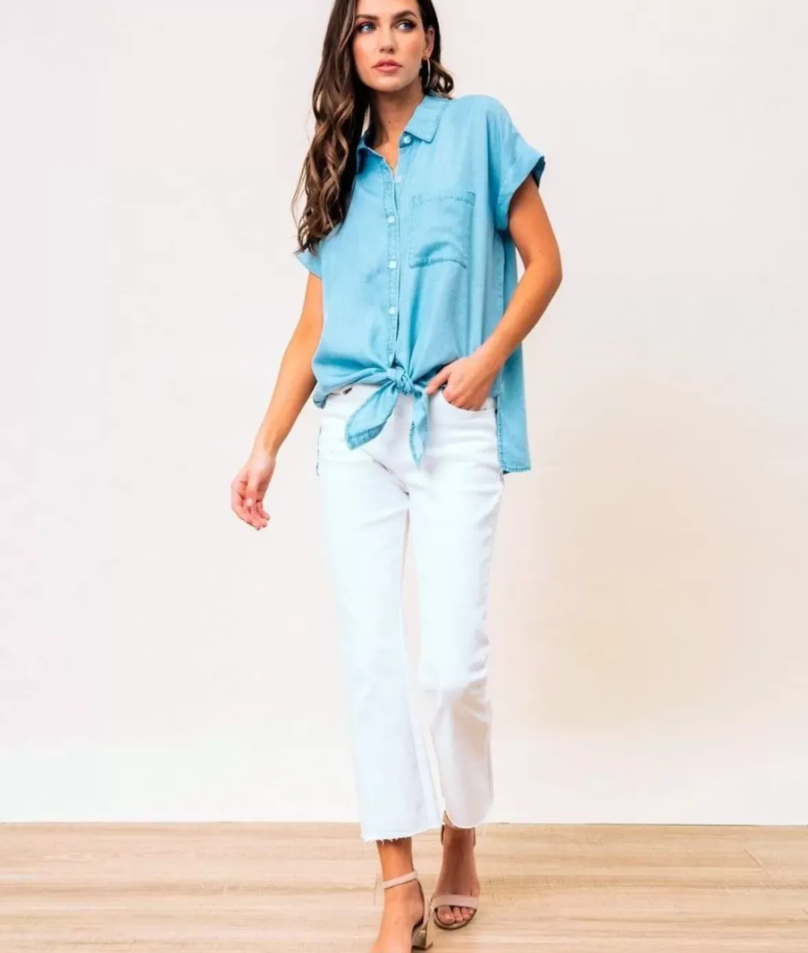 Nayked Apparel Tops>Women'S Tie Front Tencel Shirt/Discontinued Blue