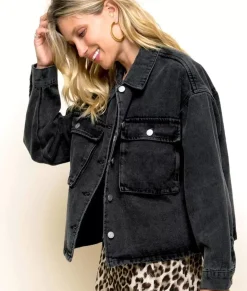 Nayked Apparel Outerwear>Women'S Vintage Washed Oversized Denim Jacket/Discontinued Black Denim